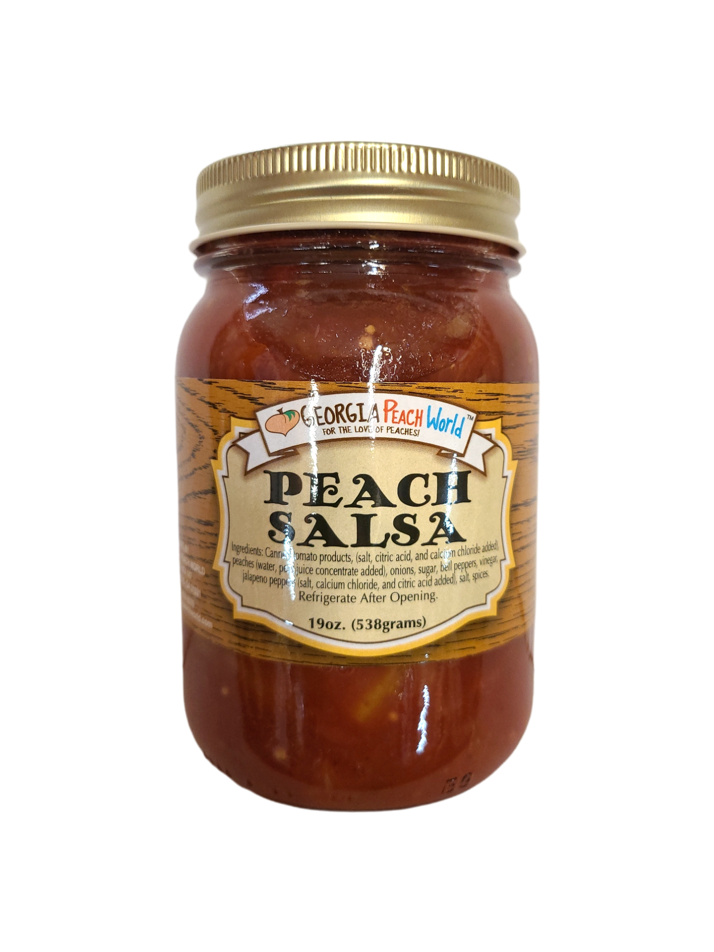 Standard glass mason jar containing Peach salsa