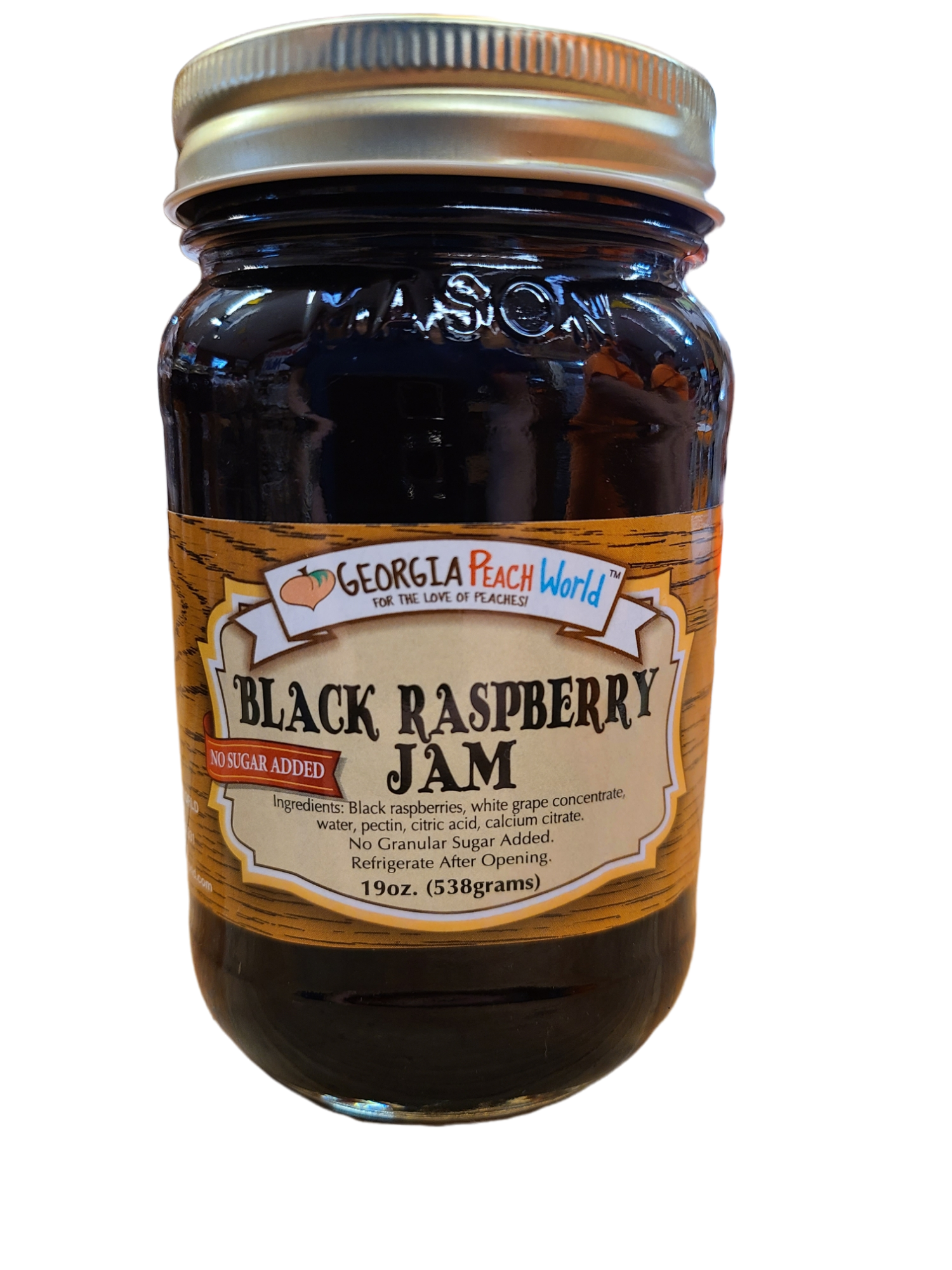 Standard glass Mason Jar containing Standard Mason Jar containing no sugar added black raspberry jam