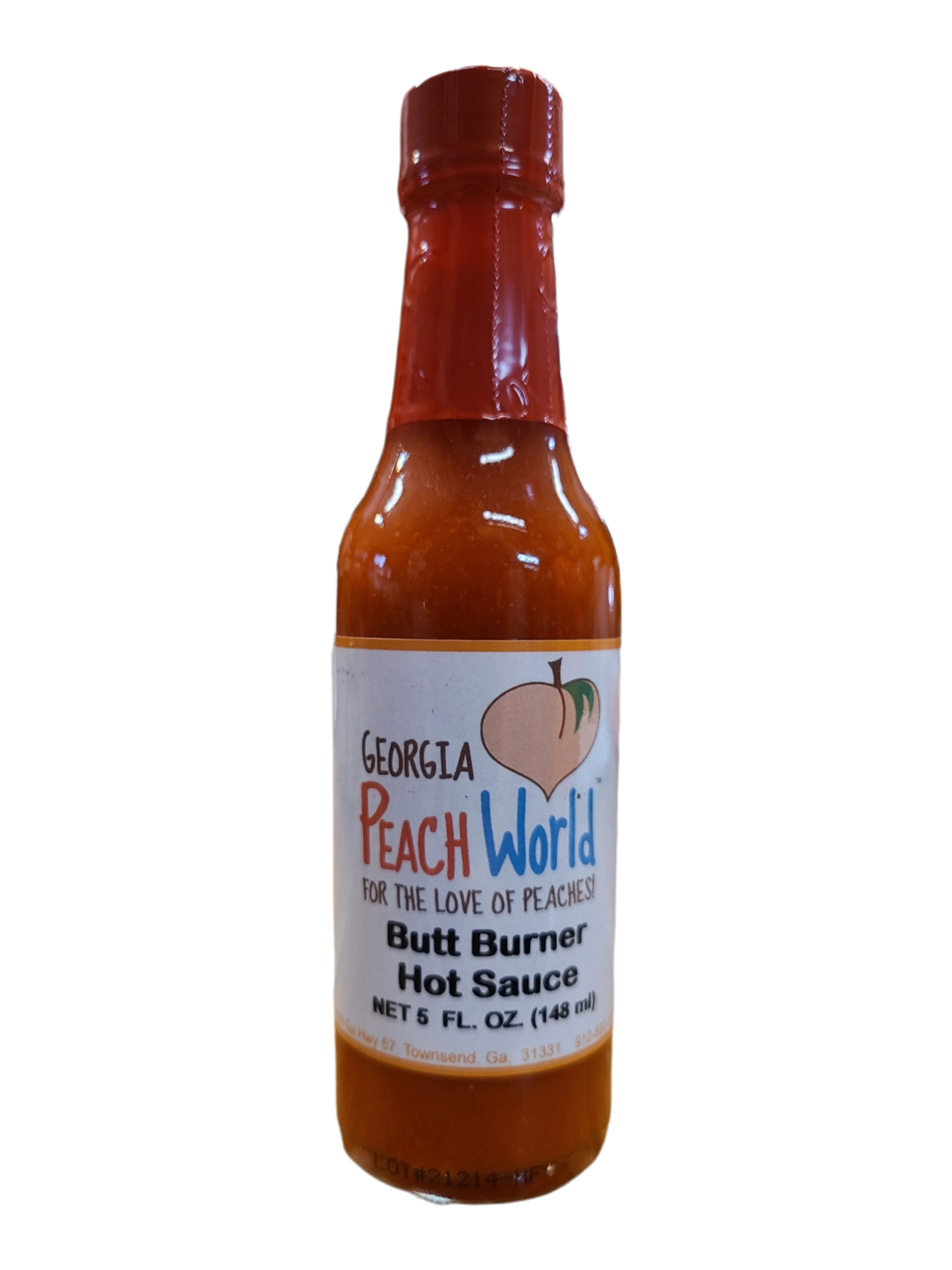 Small, tall glass 5 oz bottle containing butt burner hot sauce