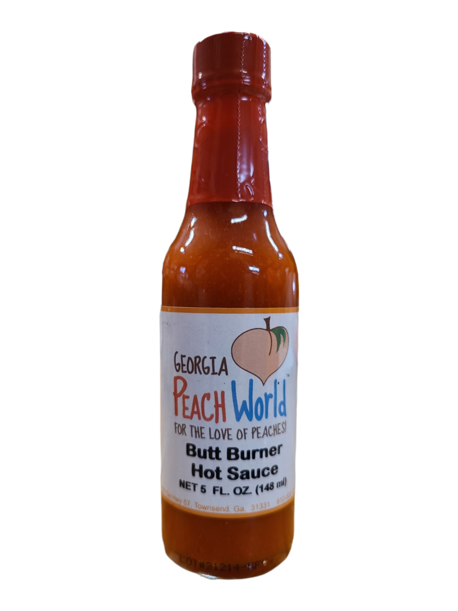 Small, tall glass 5 oz bottle containing butt burner hot sauce