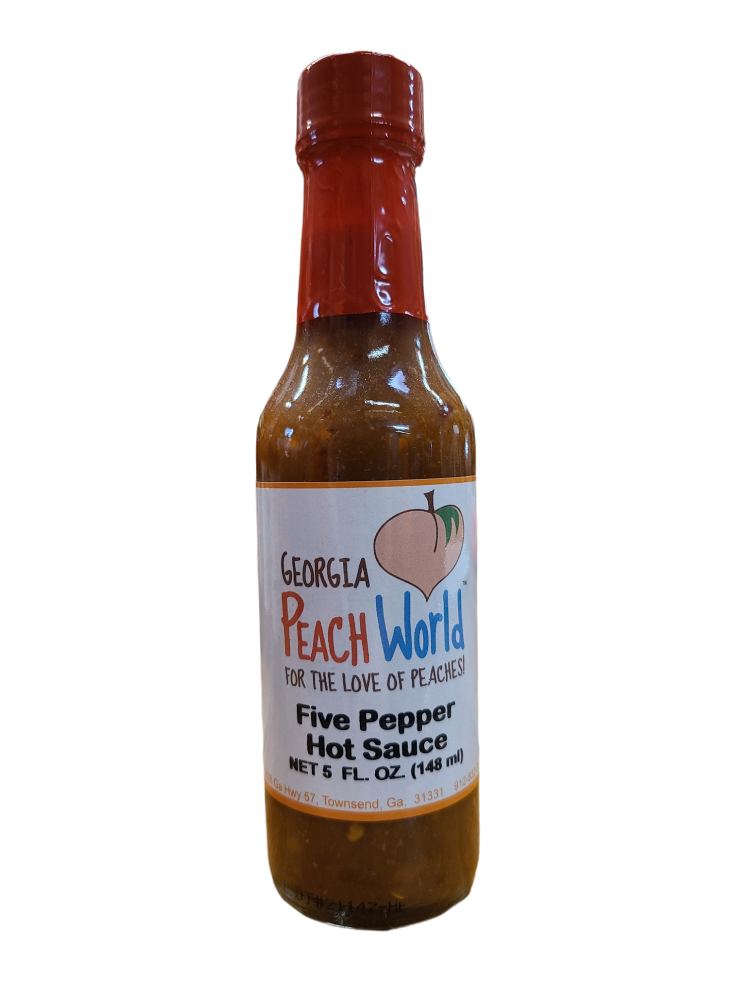 Small, tall 5 oz glass bottle containing 5 pepper hot sauce