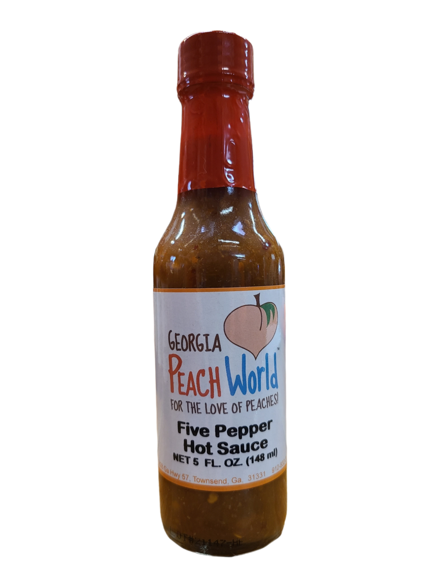 Small, tall 5 oz glass bottle containing 5 pepper hot sauce