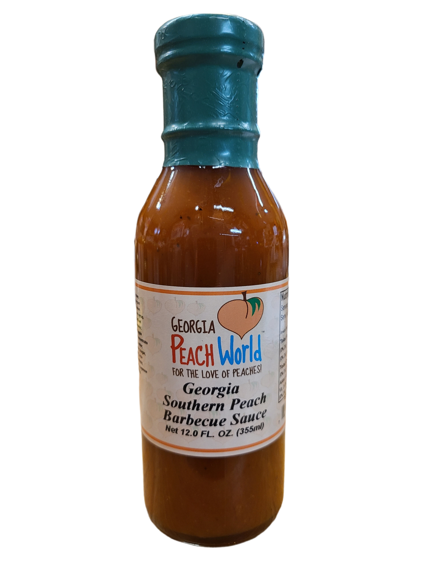 Tall glass 12 oz bottle containing southern peach barbecue sauce with a shrink wrapped lid seal