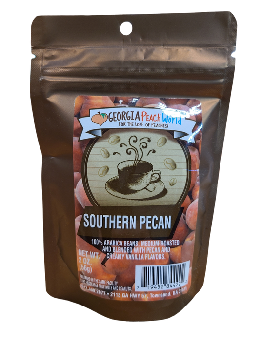 Small 2 oz brown foil package containing southern pecan coffee grounds