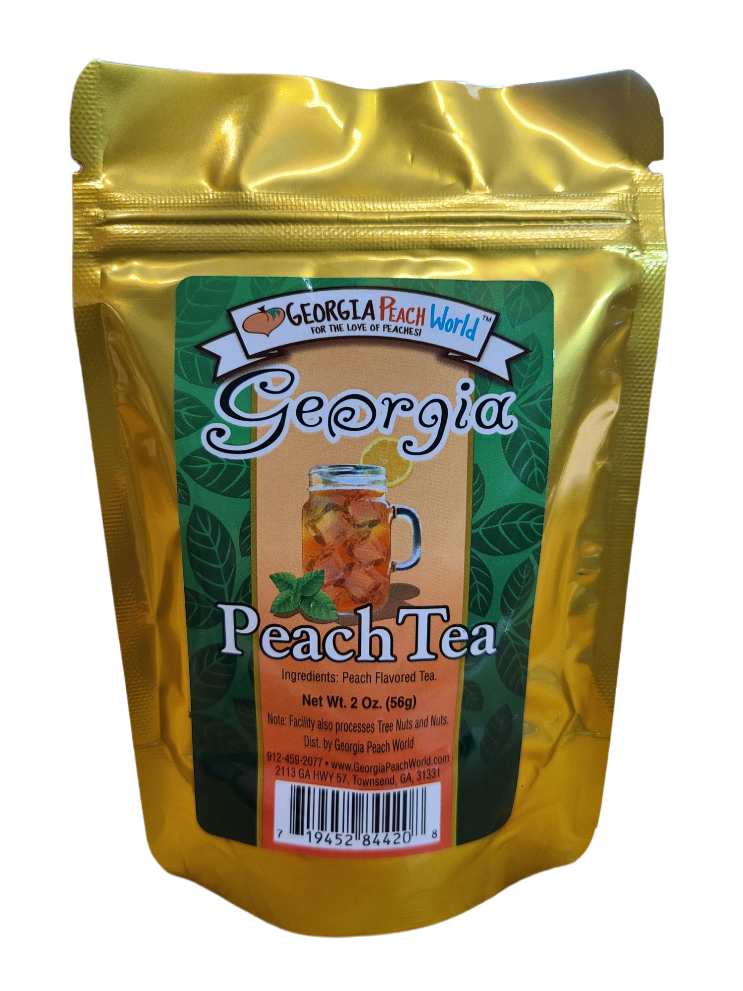 Gold foil resealable 2 oz package containing loose leaf peach tea