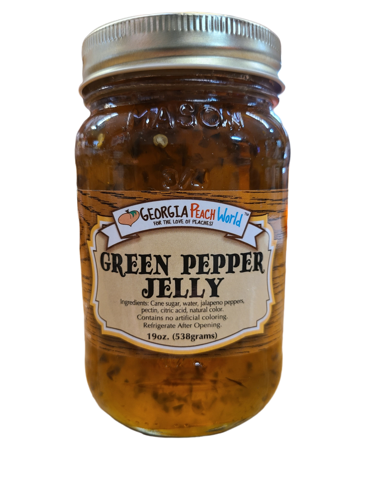 Standard glass mason jar containing green pepper jelly