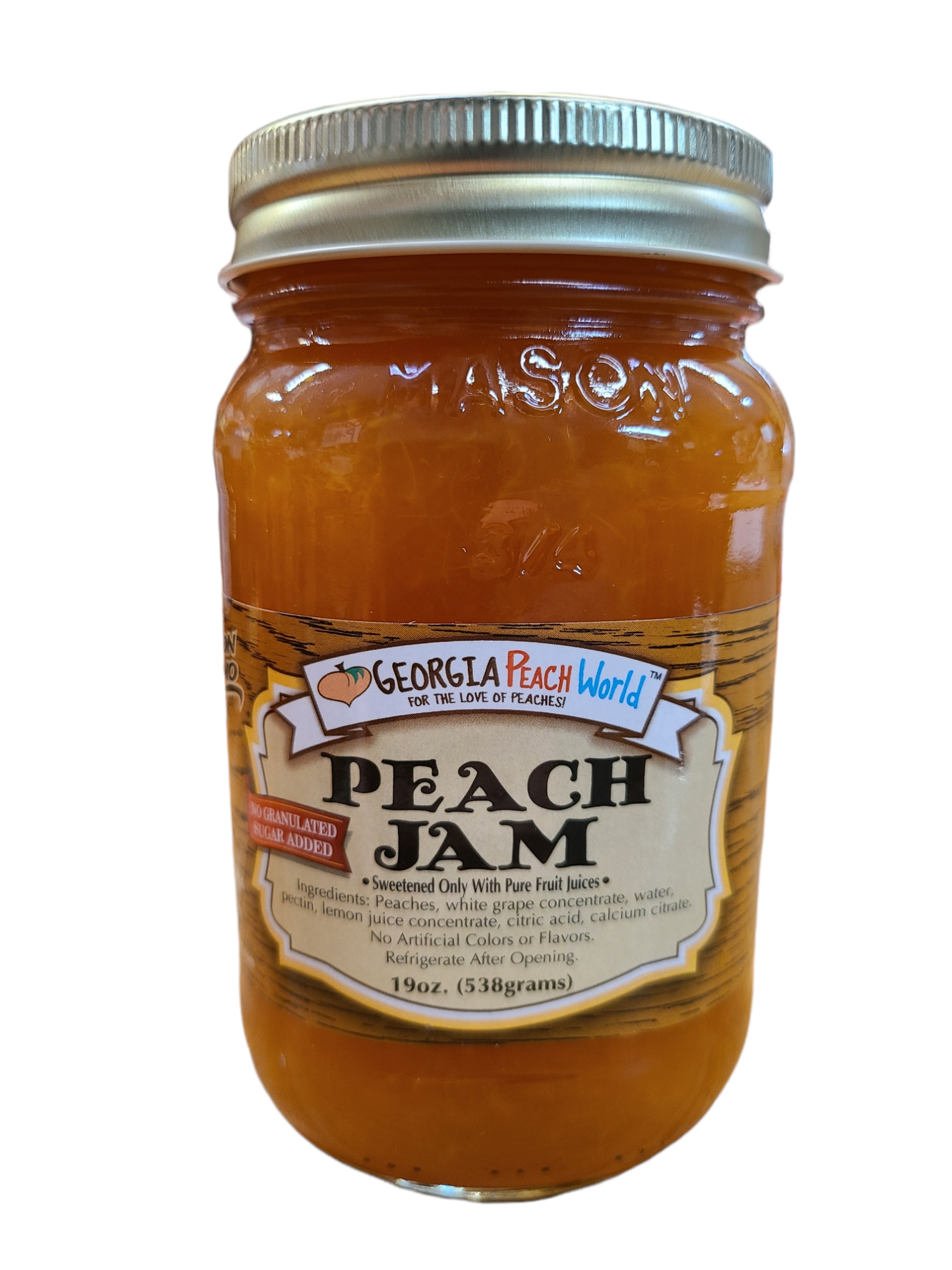 Standard glass mason jar containing no sugar added peach jsm