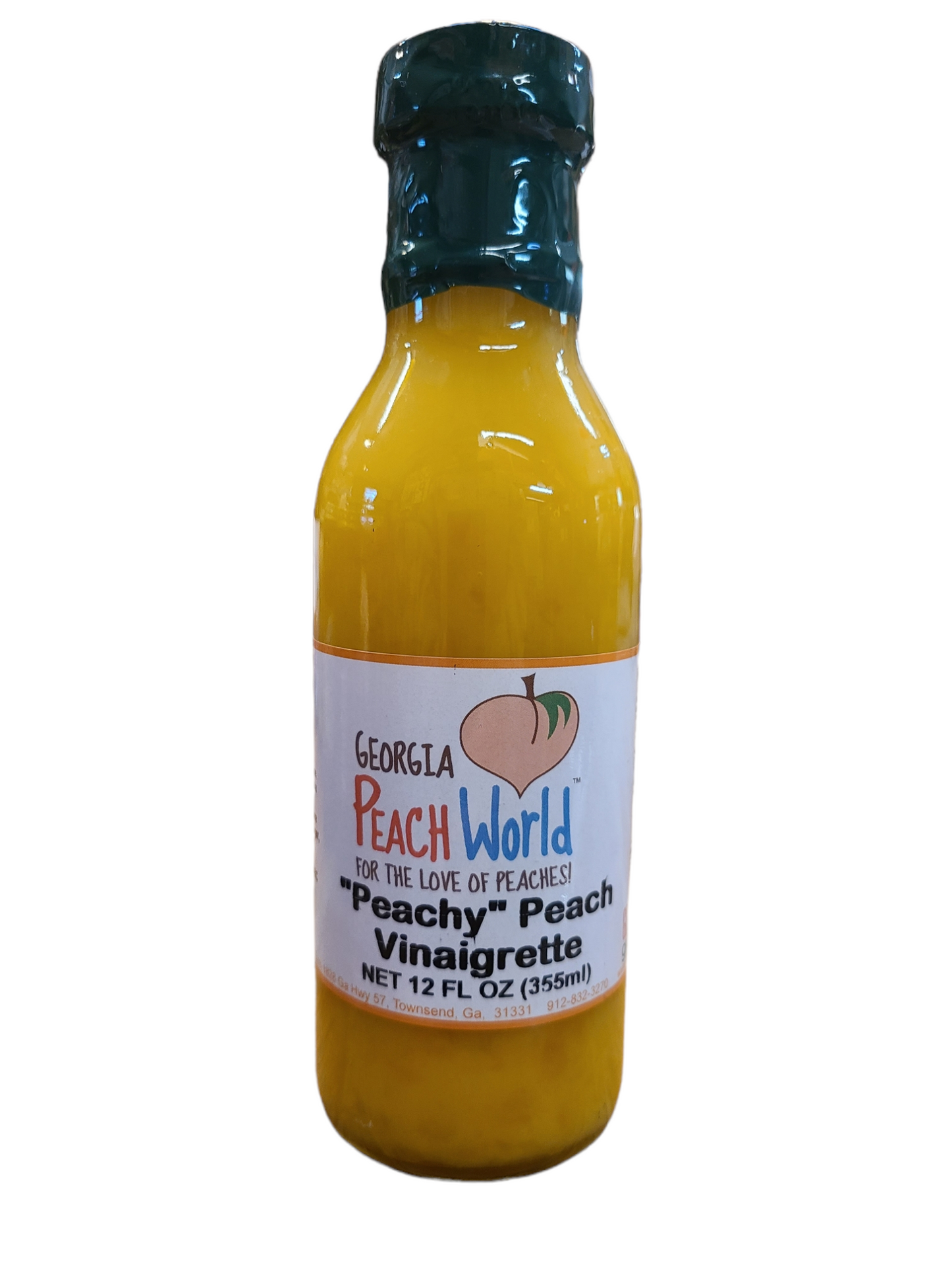 Tall glass 12 oz bottle containing peach vinaigrette