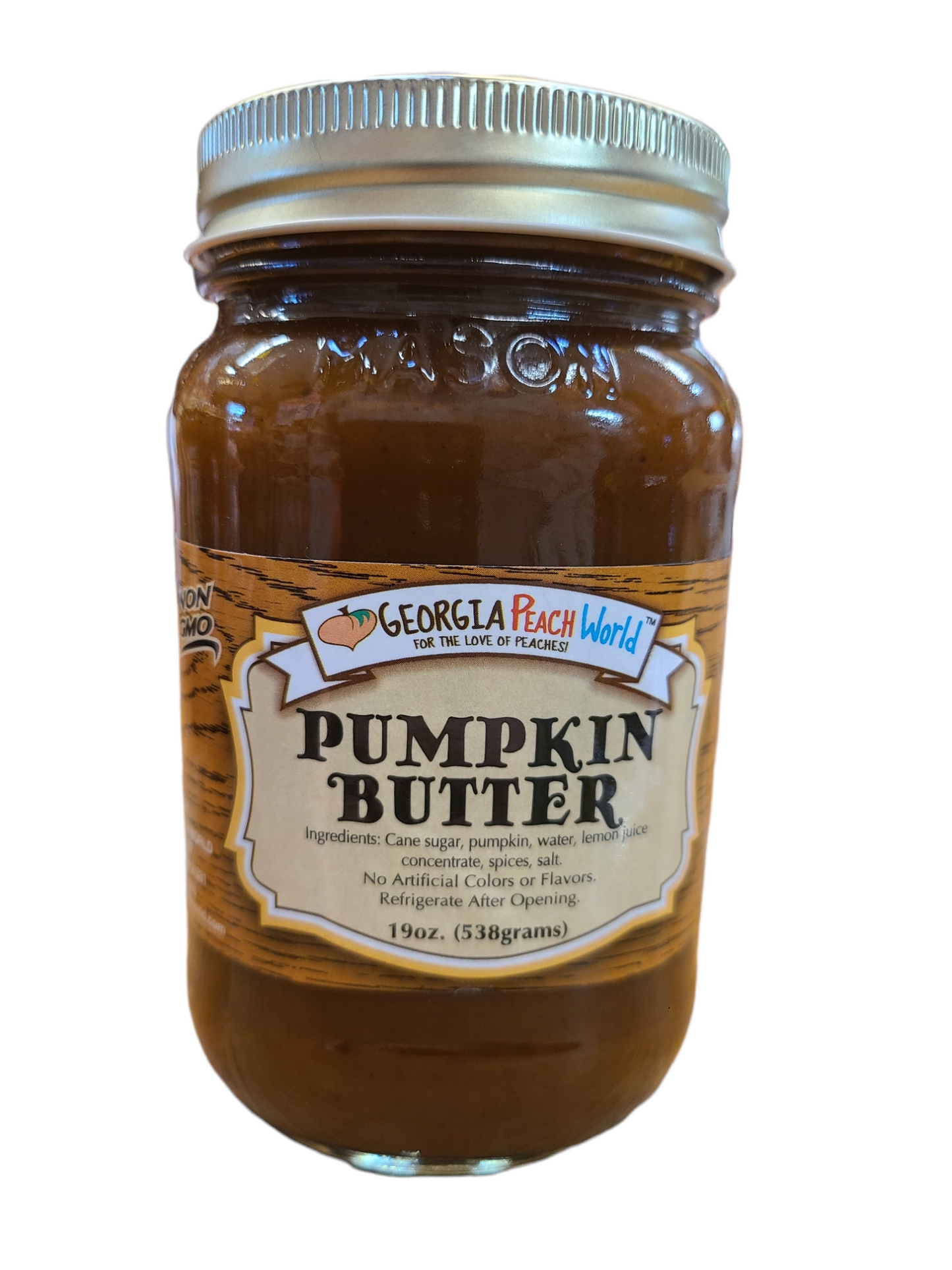 Standard glass mason jar containing pumpkin butter