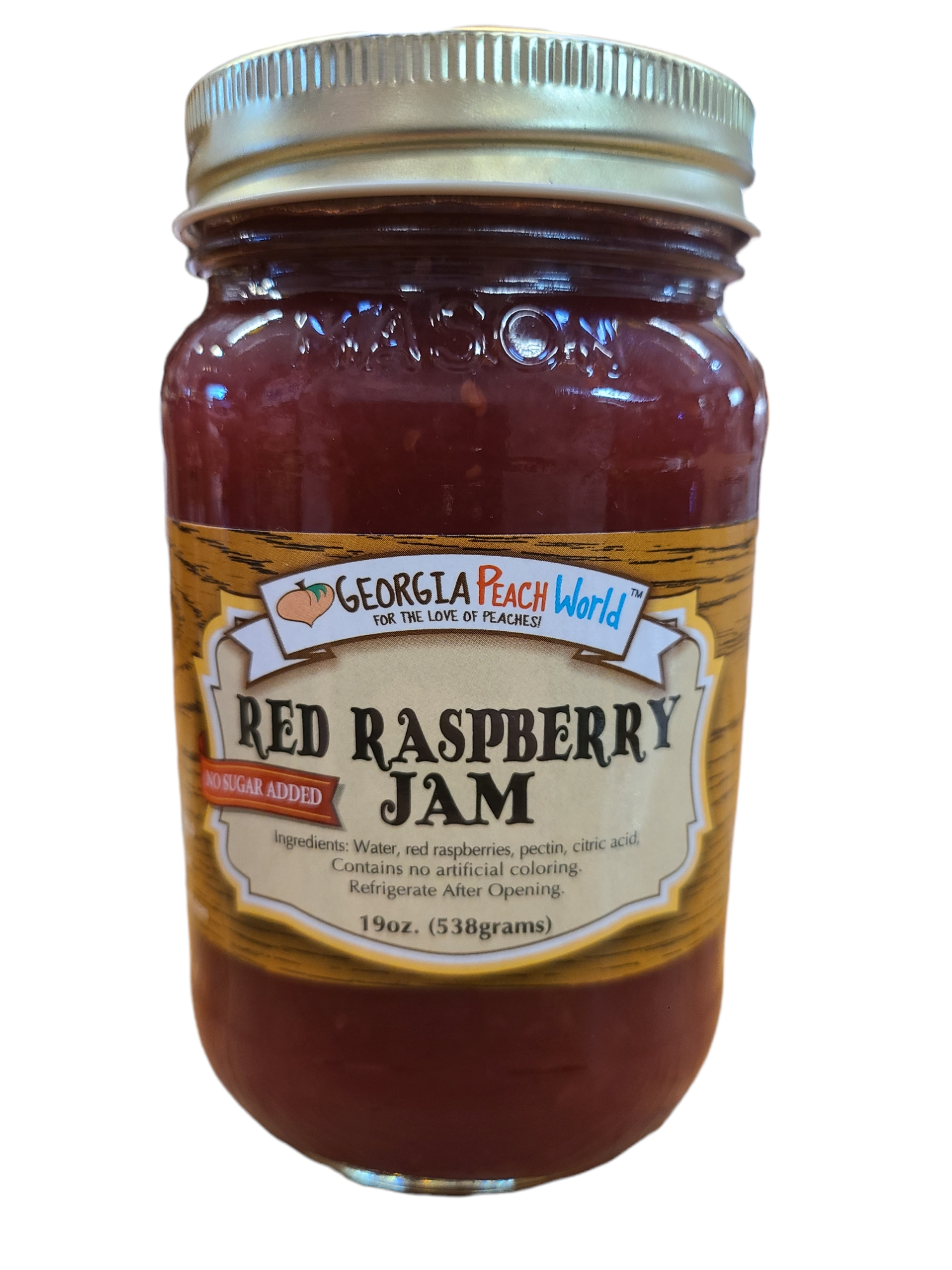 Standard glass mason jar containing no sugar added red raspberry jam