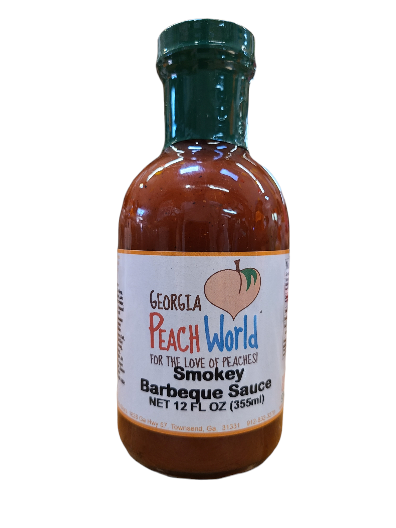 Short 12 oz glass bottle with a shrink wrapped screw on lid containing smokey barbecue sauce