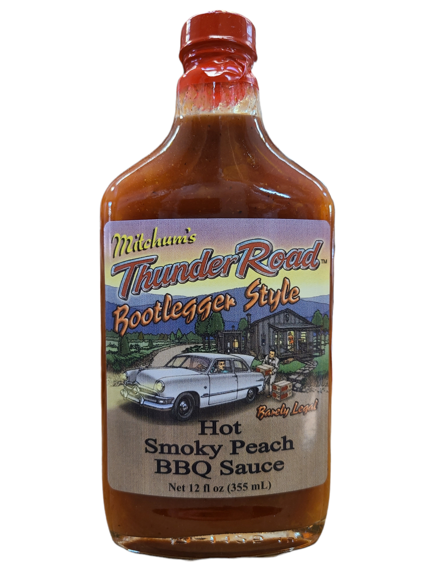 12 oz glass bootlegger style bottle with a shrink wrapped lid containing hot smoky peach bbq sauce