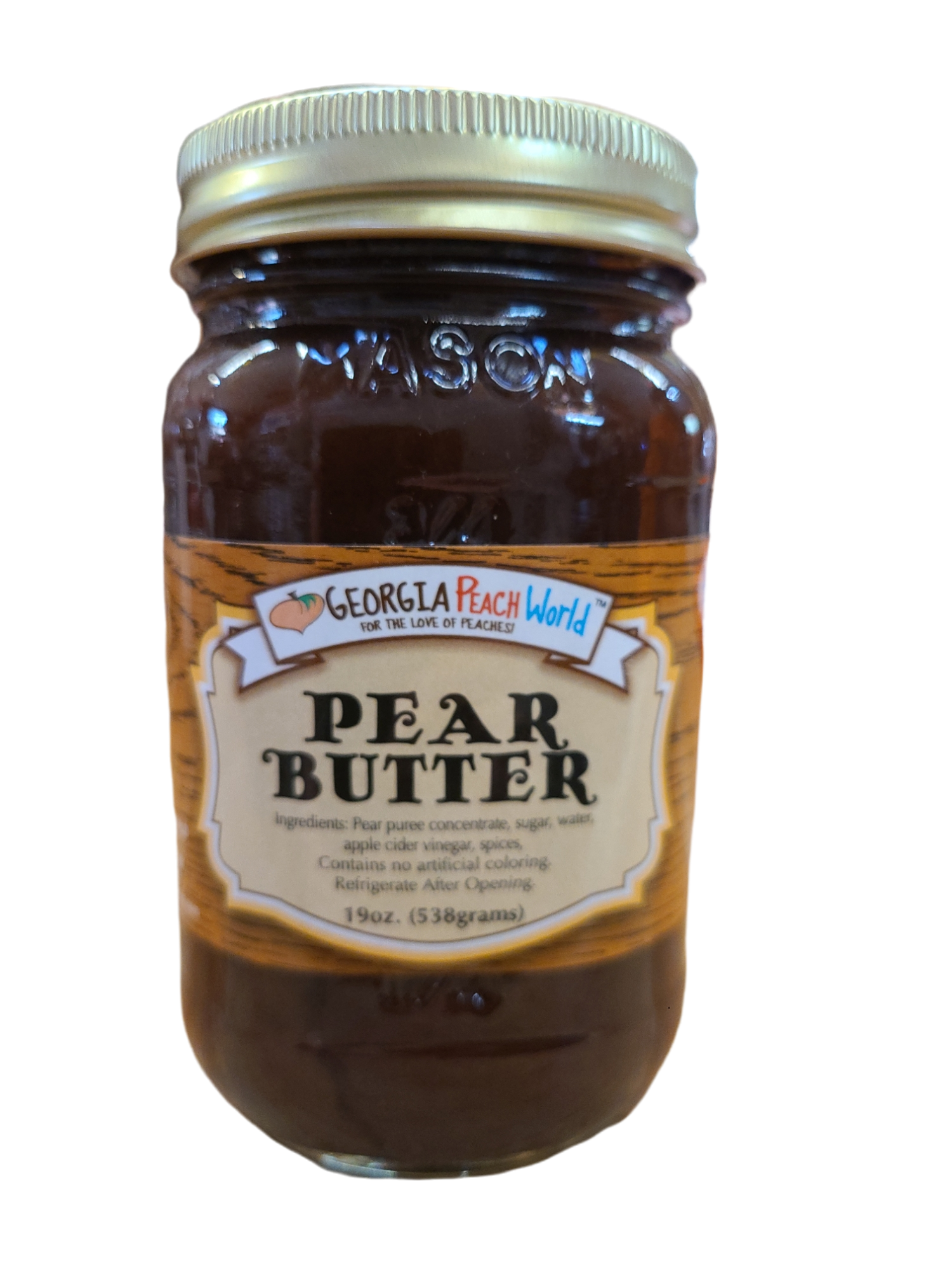 Standard glass mason jar containing pear butter