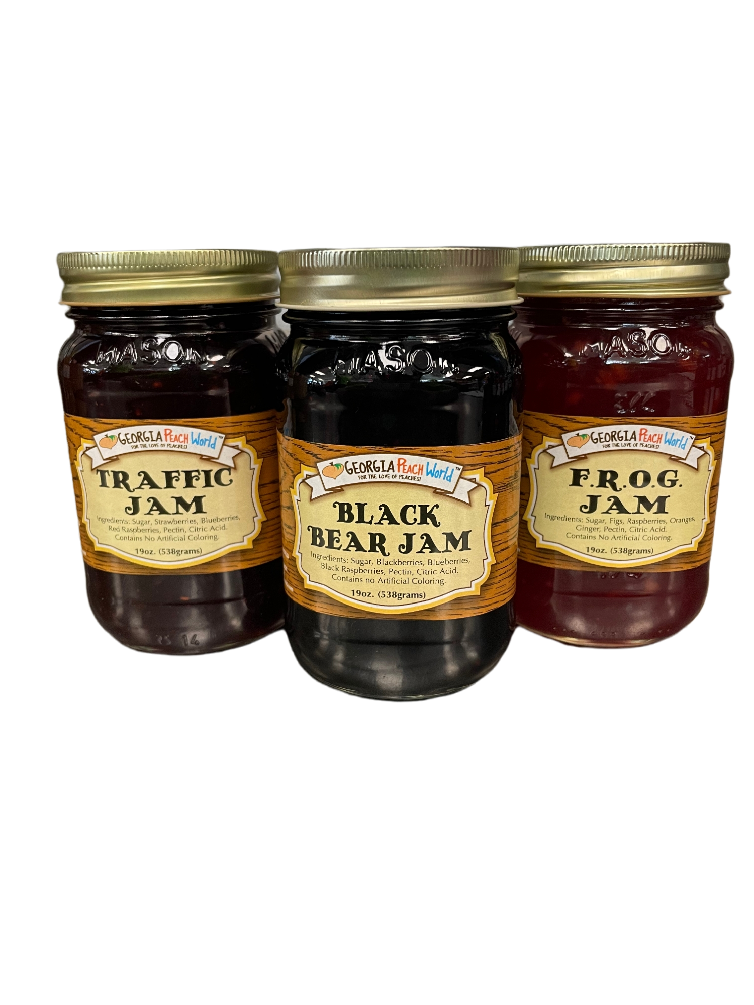 Three standard glass mason jars containing your choice of jam