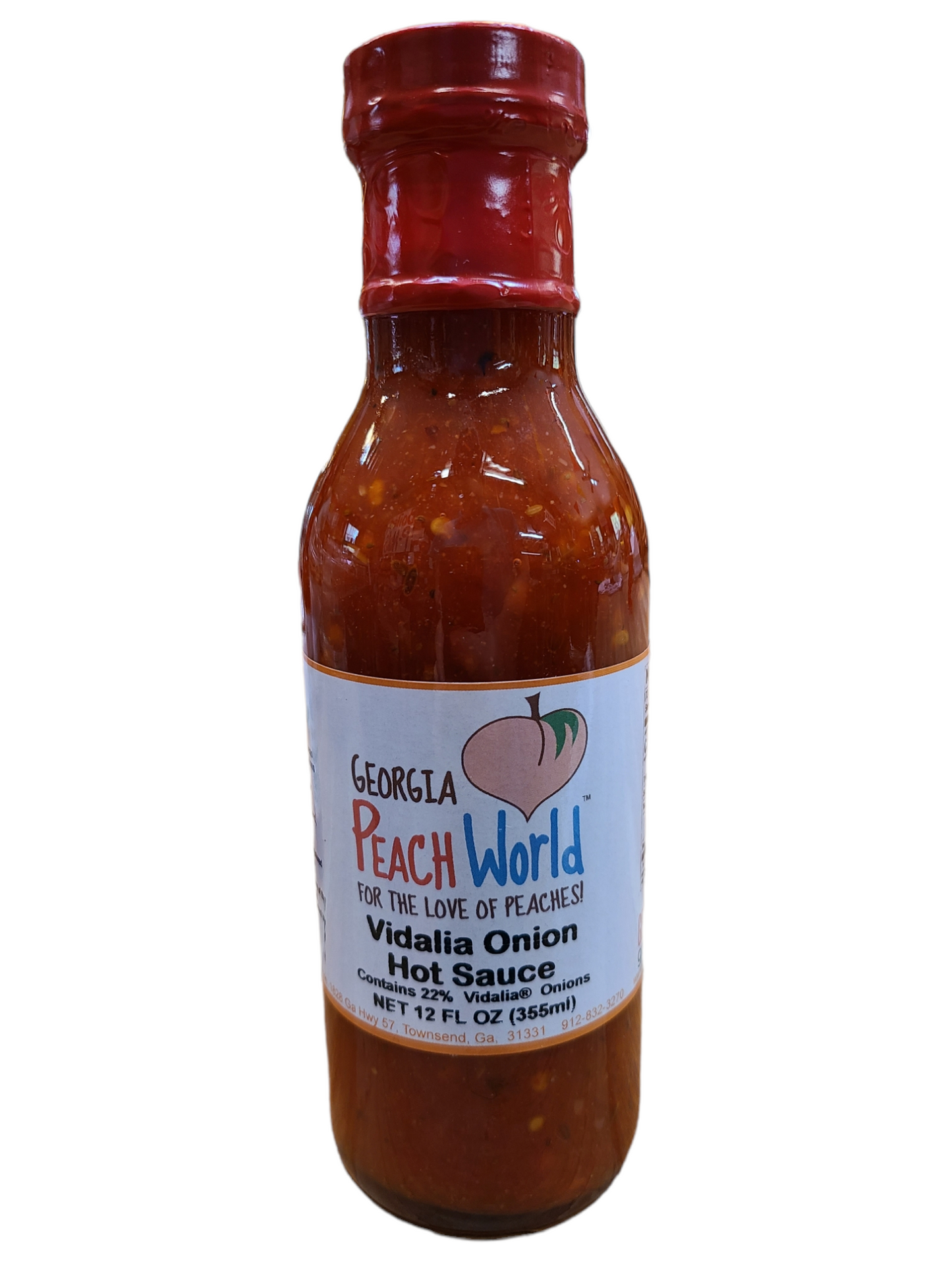 Tall 12 oz glass bottle with a shrink wrapped lid containing vidalia onion hot sauce