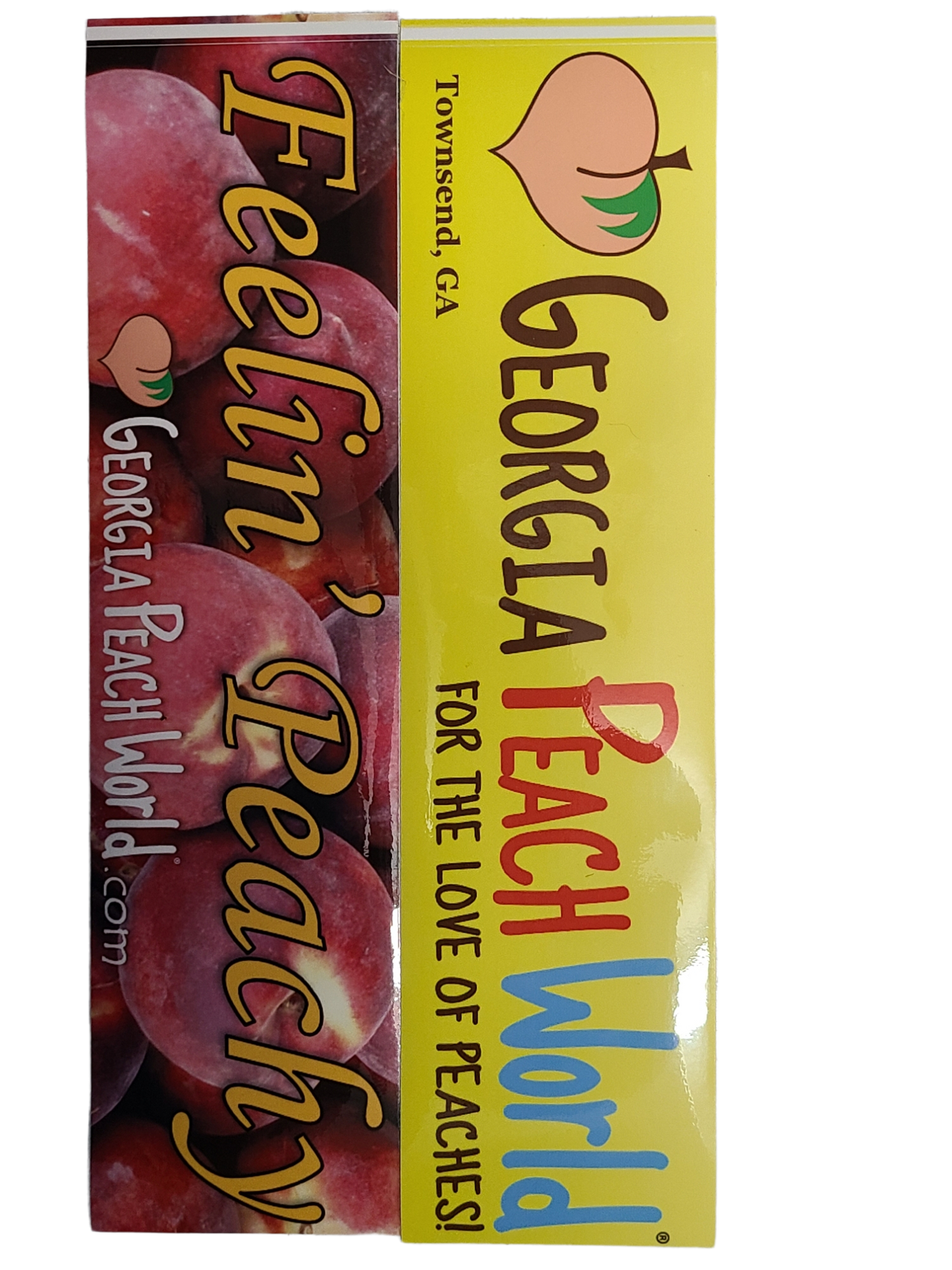 Long car bumper sticker with two options. One is yellow with Georgia Peach World branding logo and the other has a background graphic of peaches with Georgia Peach World Branding