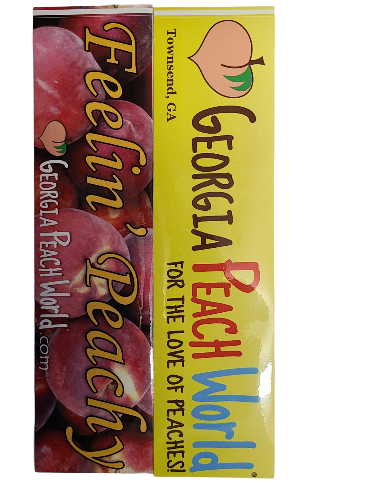 Long car bumper sticker with two options. One is yellow with Georgia Peach World branding logo and the other has a background graphic of peaches with Georgia Peach World Branding