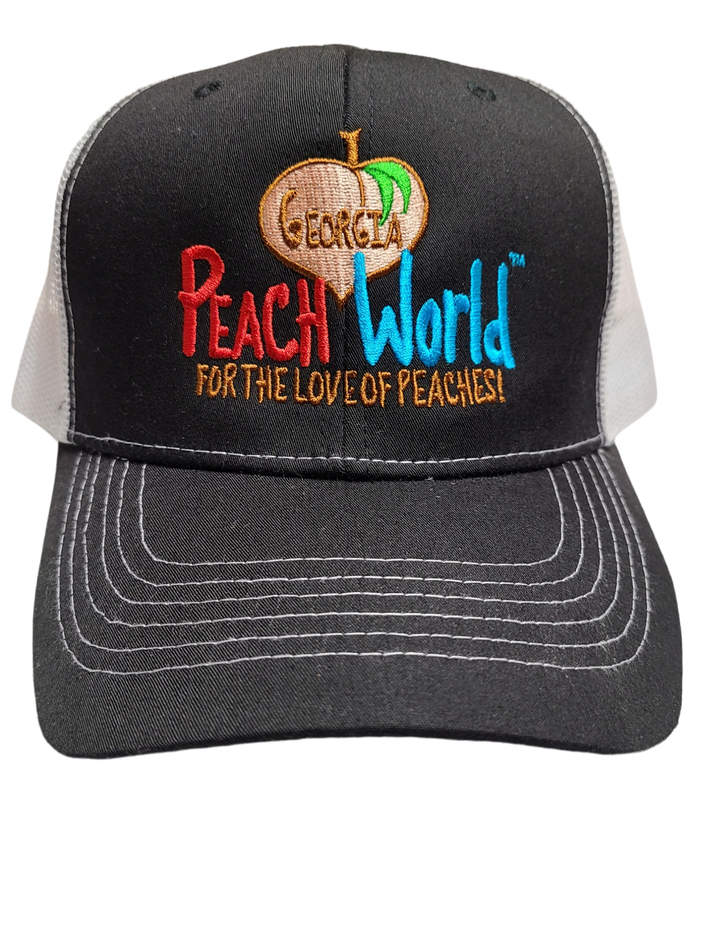 Black Richardson brand trucker style hat with a white mesh back printed with Georgia Peach World branding logo