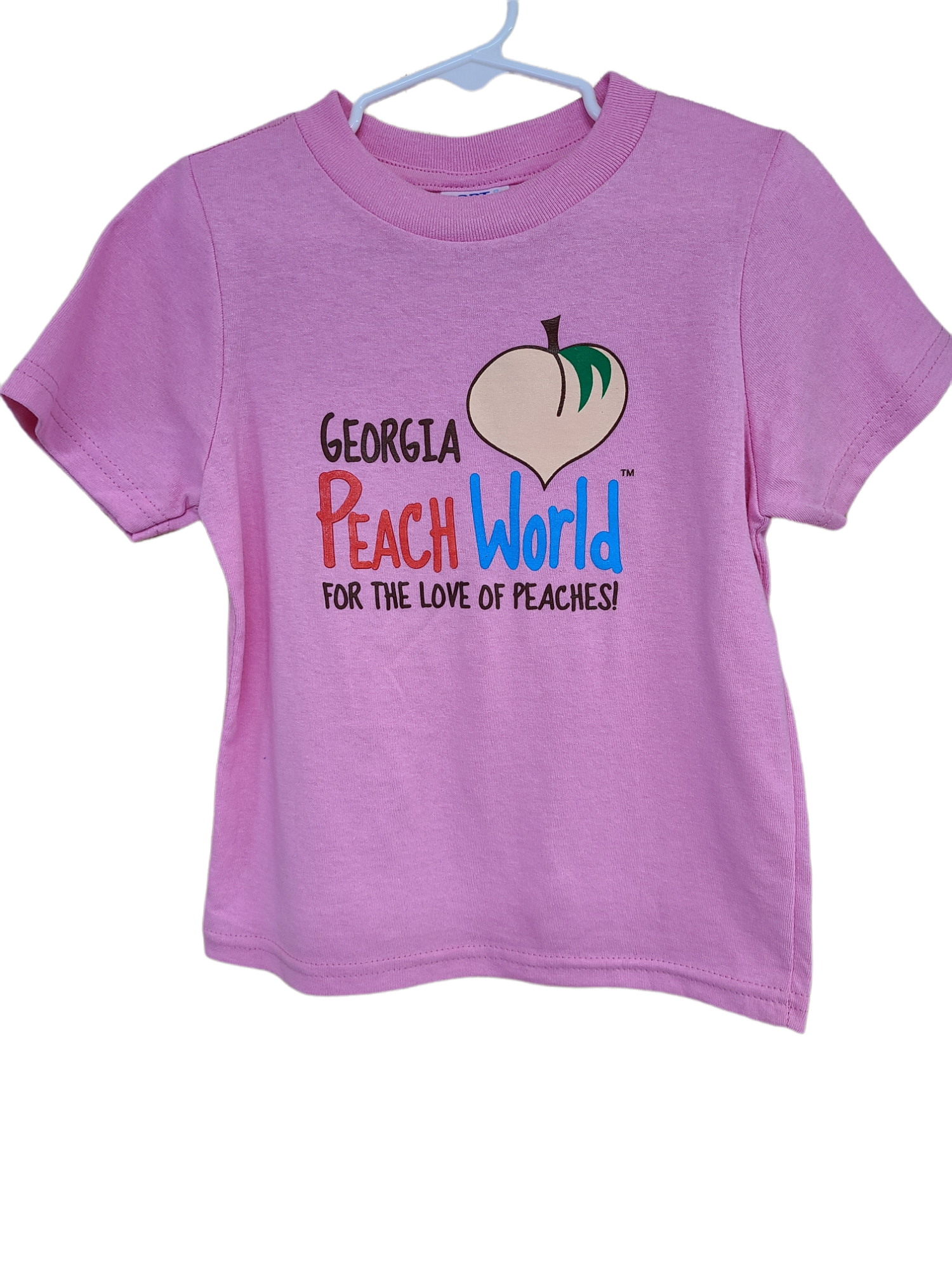 Light pink crew neck toddler sized t-shirt printed with Georgia Peach World branding logo