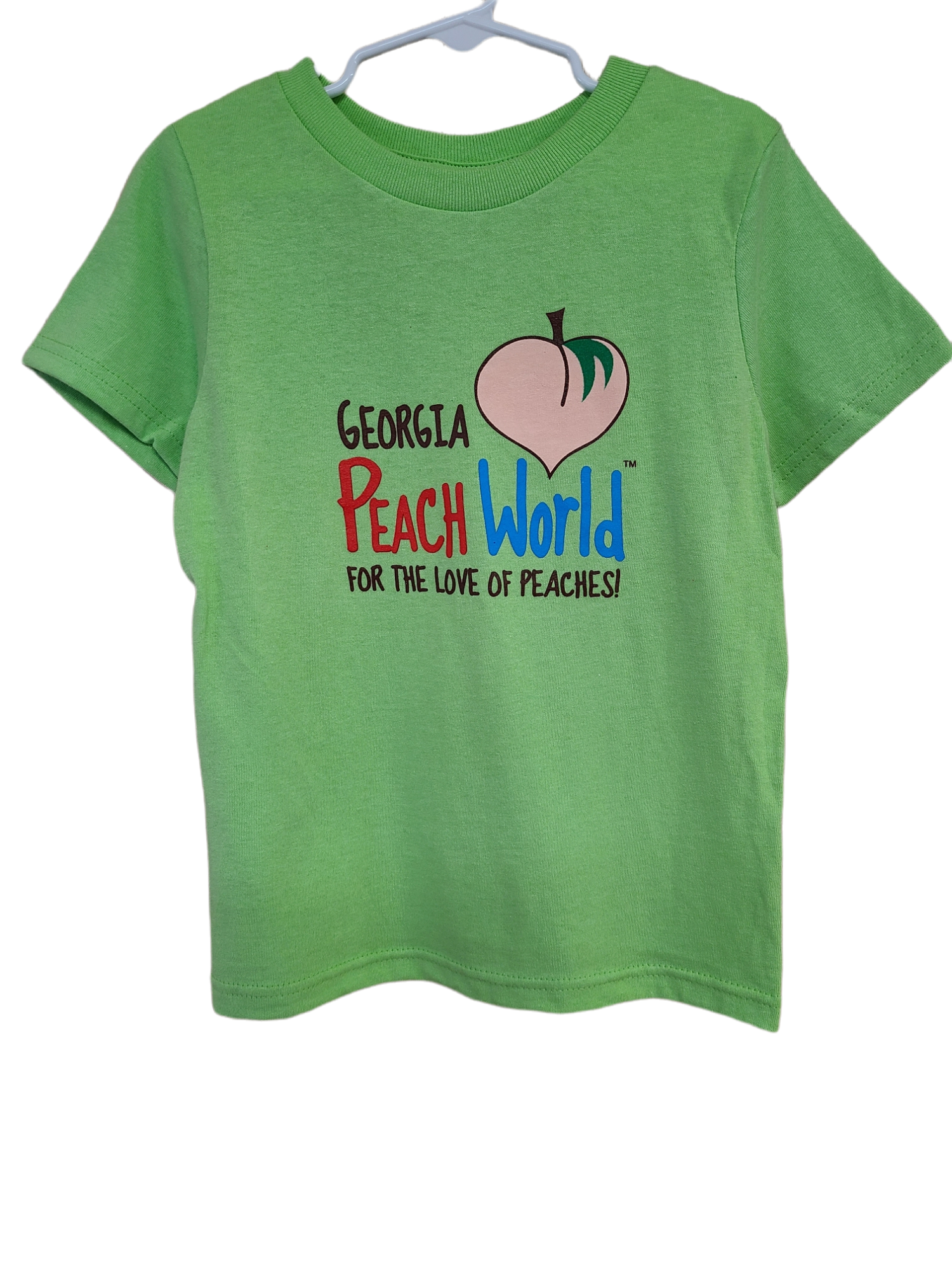 Light Green crew neck toddler sized t-shirt printed with Georgia Peach World branding logo