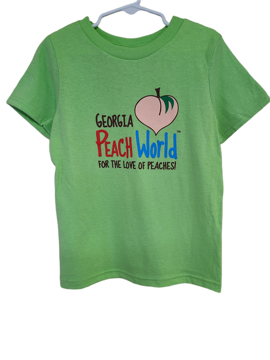 Light Green crew neck toddler sized t-shirt printed with Georgia Peach World branding logo