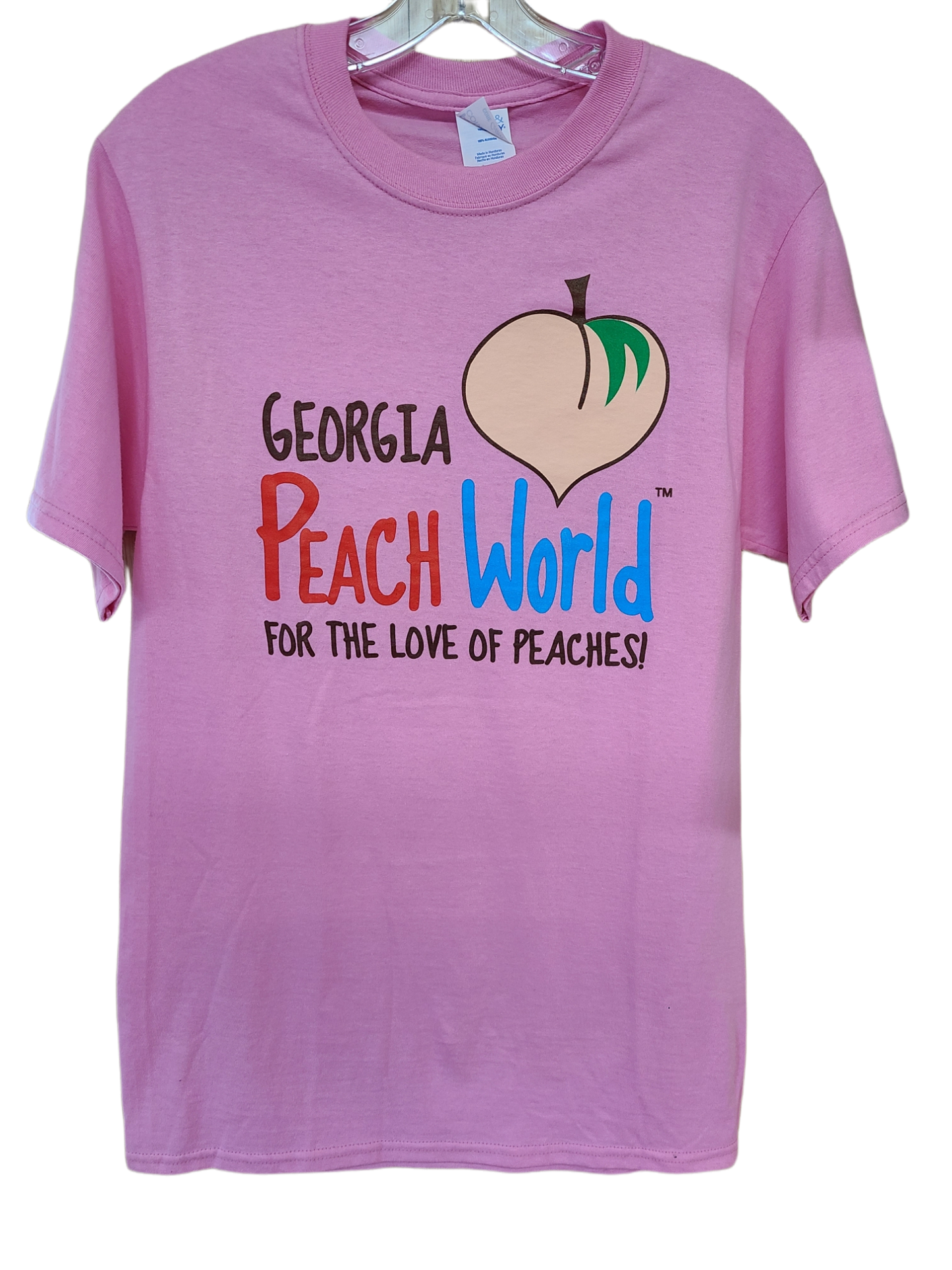 Light Pink crew neck t-shirt with Georgia Peach World Branding logo