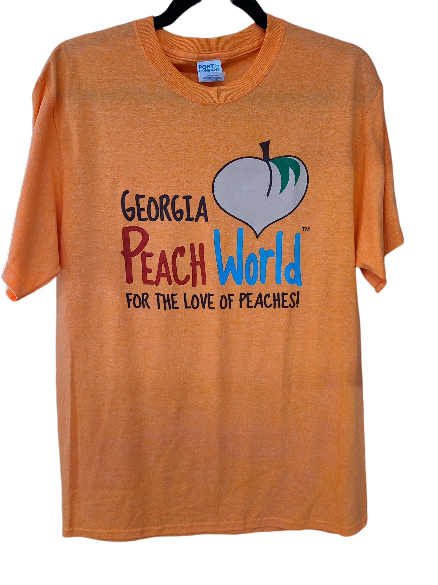 Bright Orange crew neck t-shirt with Georgia Peach World Branding logo