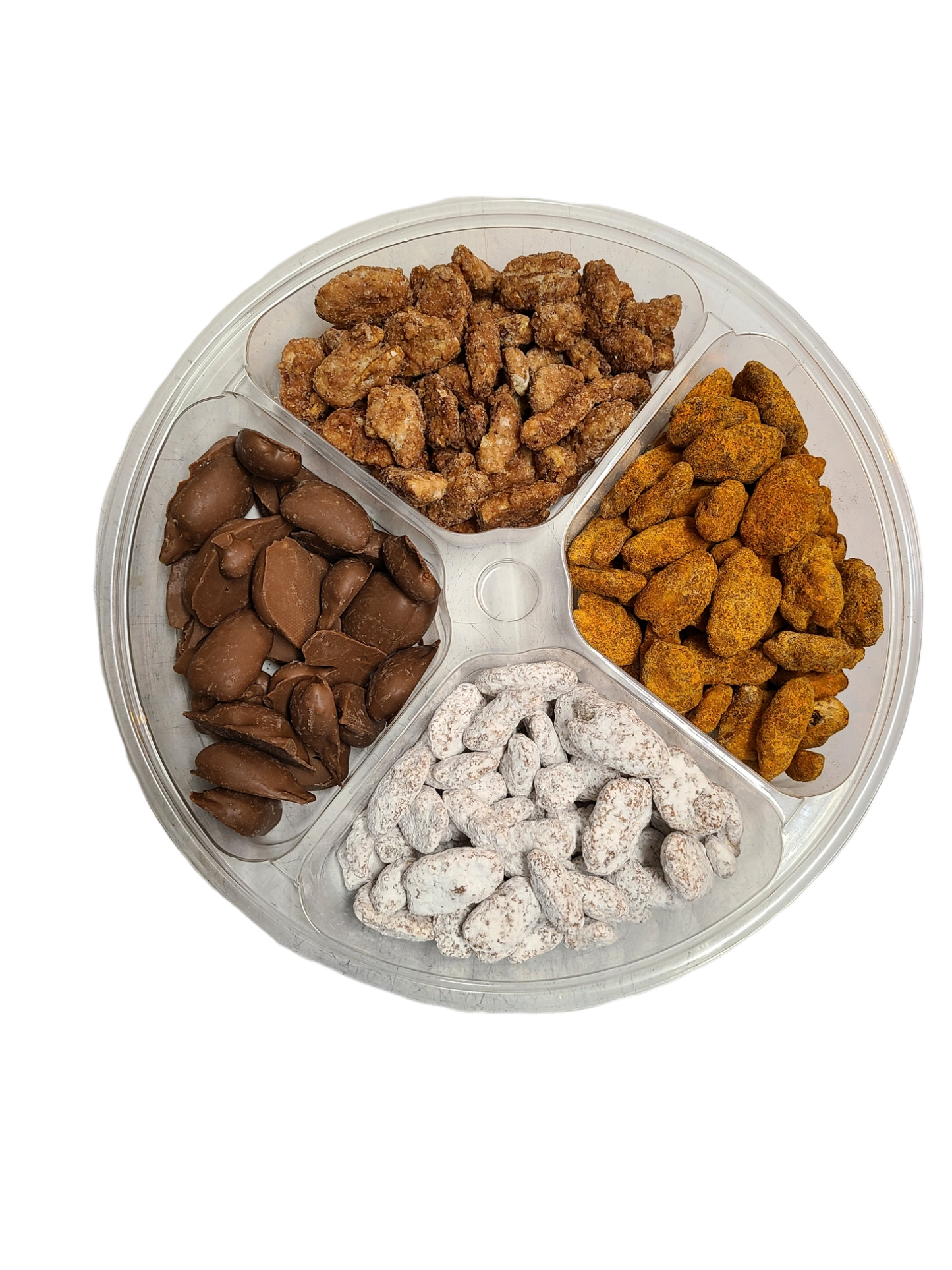 4 cell plastic tray containing various candied pecans